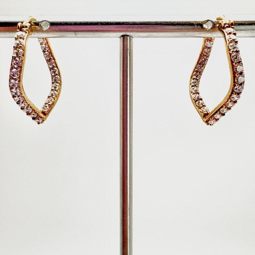 Wavy Cubic Zirconia Hinged Post Gold Over Sterling Silver 925 Earrings 1" L